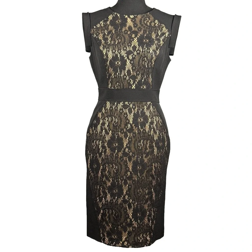 Adrianna Papell Womens Dress Size 4 Black Lace Sleeveless Zipper Back Crew Neck - Picture 1 of 16